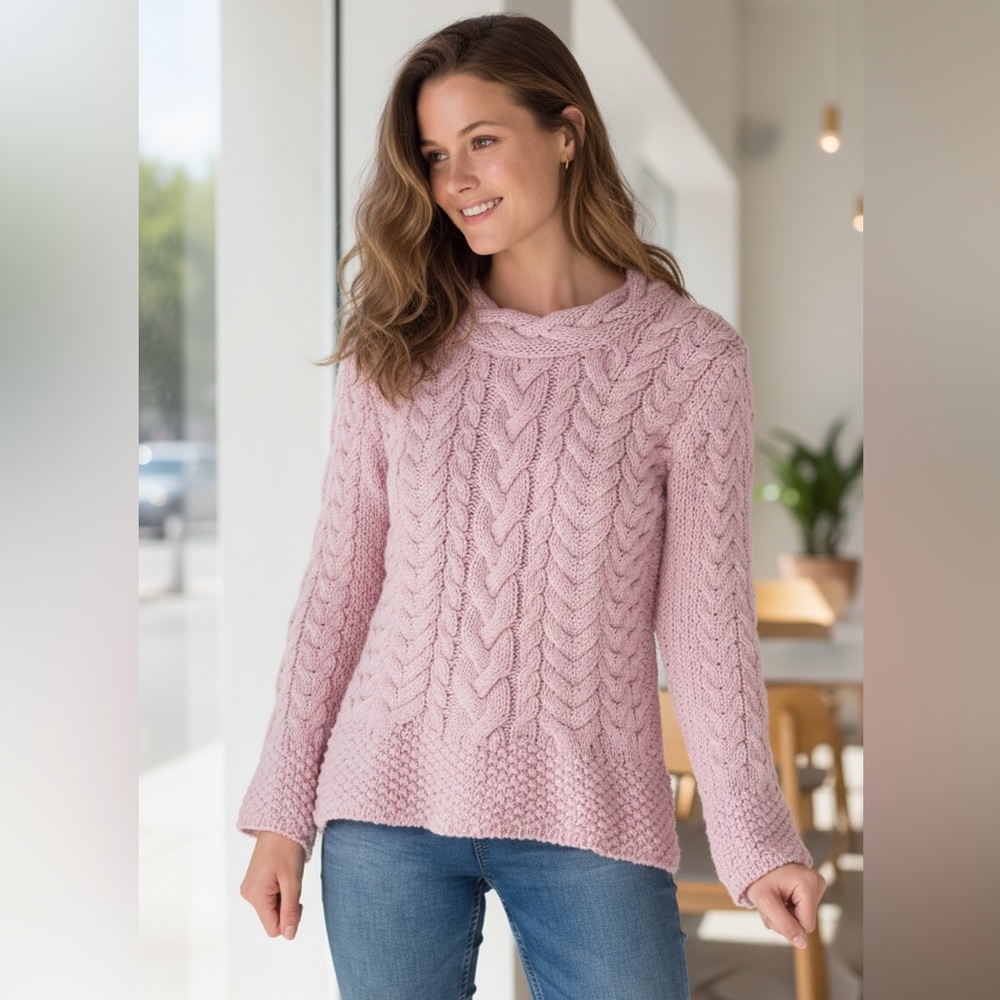 Aran Chunky cable knit Irish wool crew‎ neck size medium